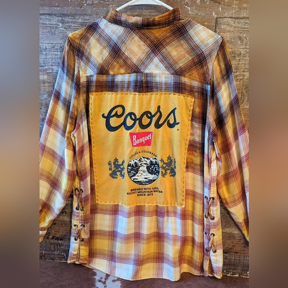 Coors Beer Upcycled Handcrafted Dip Dyed Bleached Flannel Shirt - Picture 2 of 13